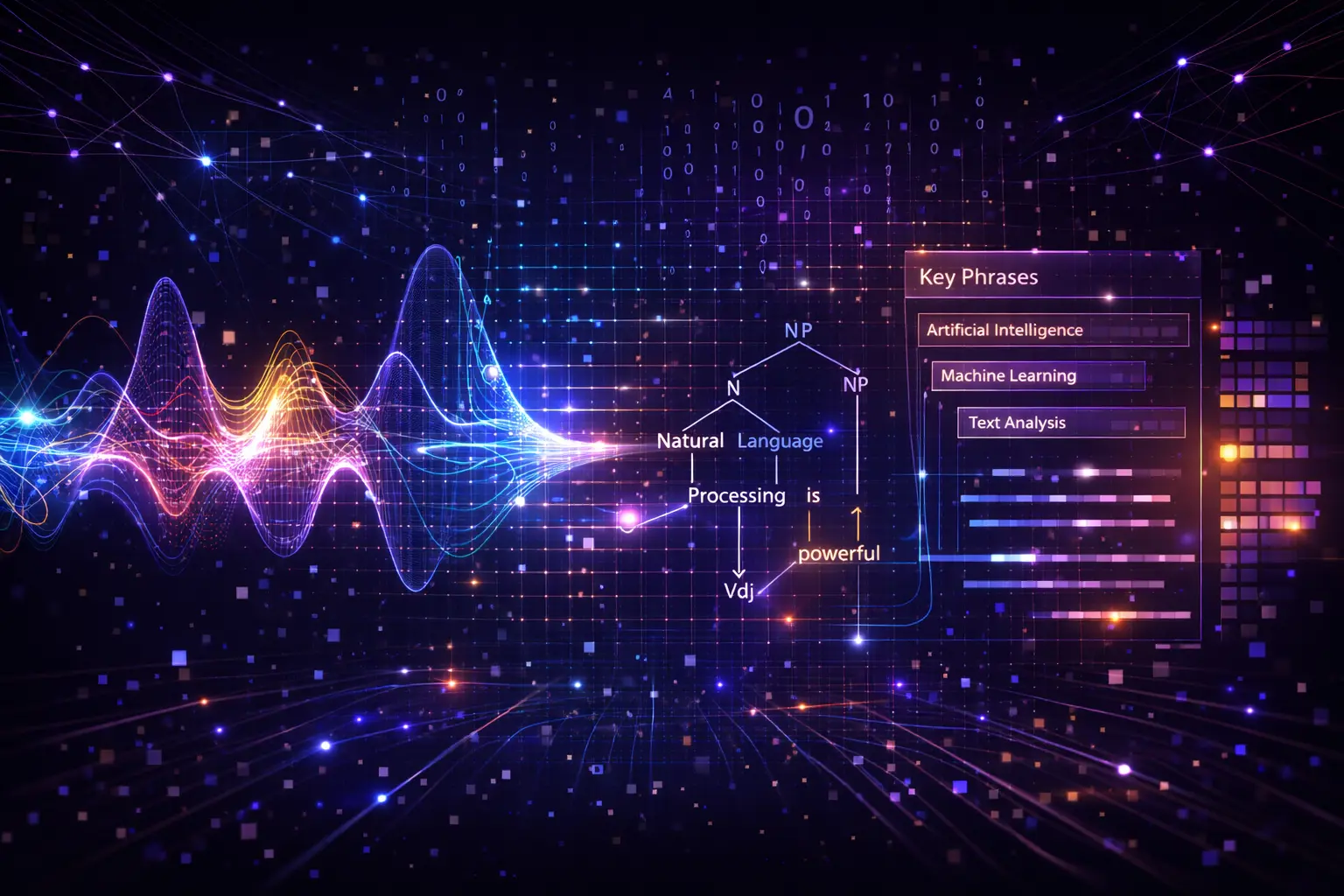NLP Natural Language Processing con AI - analisi del testo, machine learning, key phrases e intelligenza artificiale