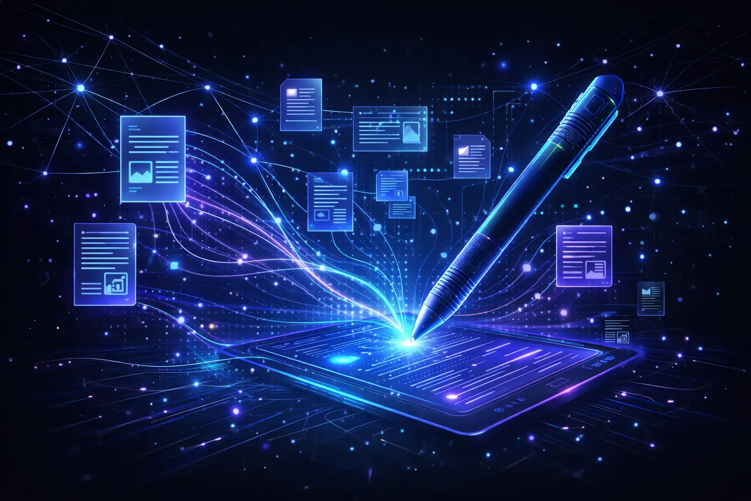 AI writing e generazione automatica di contenuti - penna digitale, documenti, grafici e scrittura con intelligenza artificiale