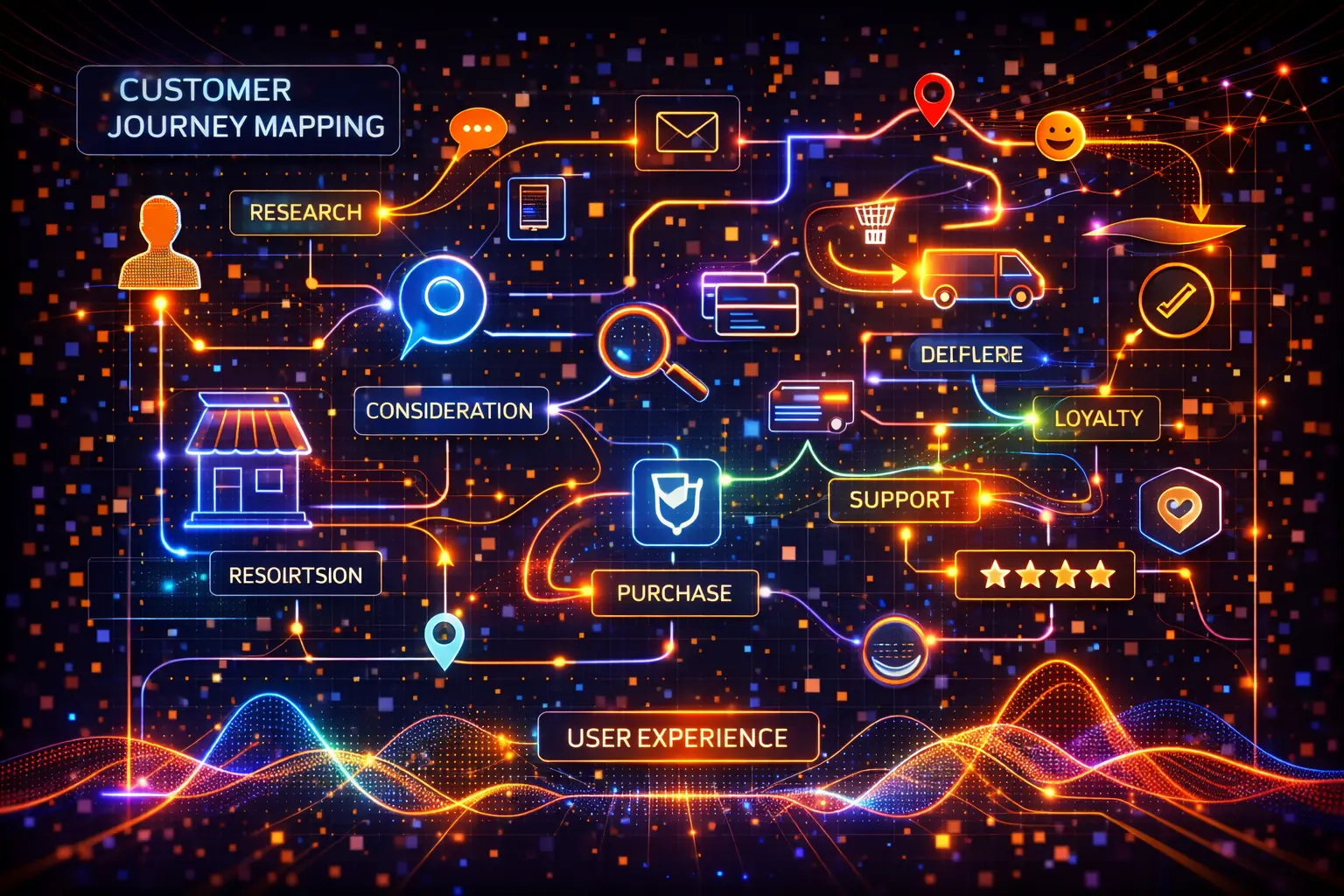 Customer journey mapping con AI - mappa del percorso cliente: ricerca, considerazione, acquisto, supporto e fidelizzazione