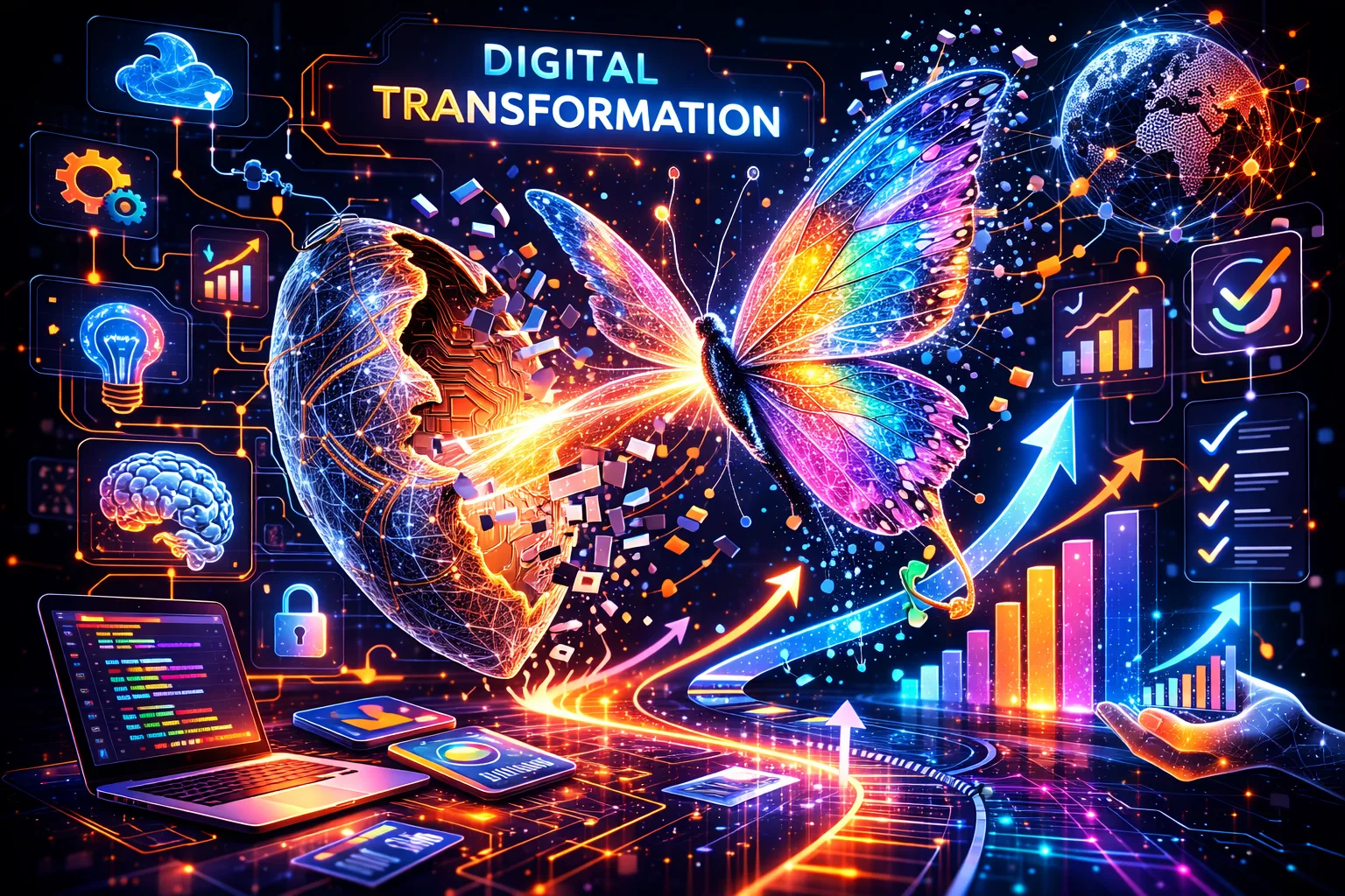 Trasformazione digitale con intelligenza artificiale - farfalla digitale simbolo di innovazione tecnologica e AI