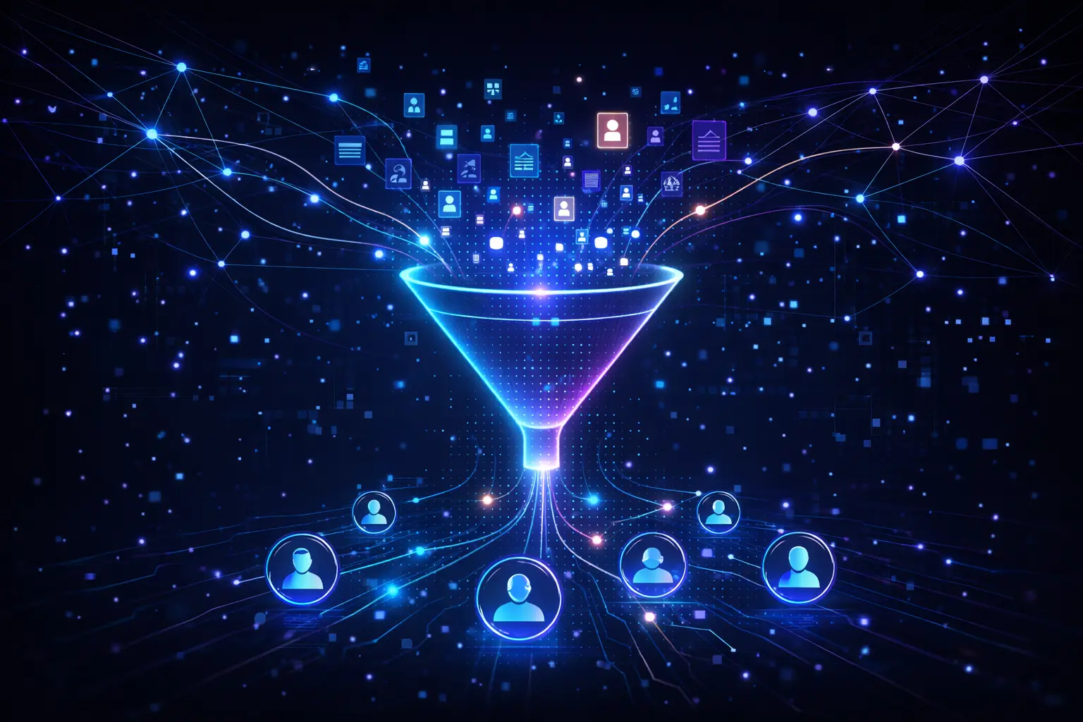 Sales funnel e lead generation con AI - imbuto di conversione digitale, profili lead e acquisizione clienti