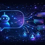 Chatbot AI e assistenza clienti - robot conversazionale con bolle di chat, profili utente e customer service automatizzato