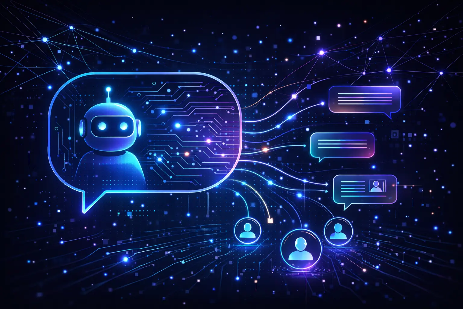 Chatbot AI e assistenza clienti - robot conversazionale con bolle di chat, profili utente e customer service automatizzato