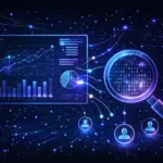Data analytics e business intelligence con AI - lente d'ingrandimento, grafici, dashboard e analisi dati predittiva