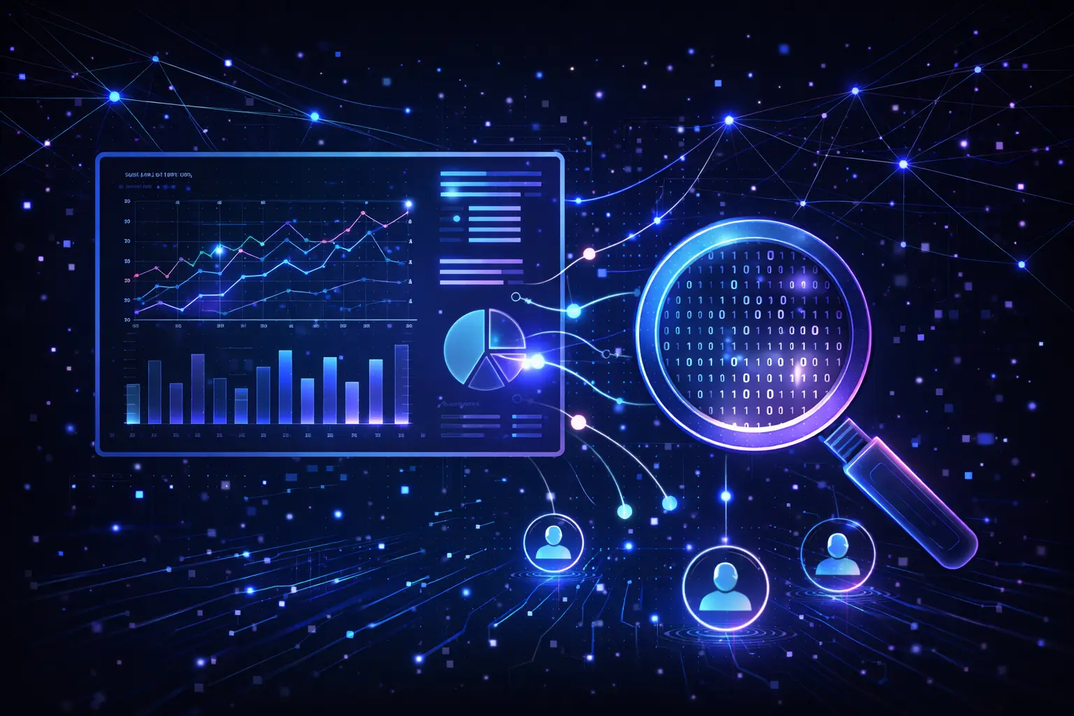 Data analytics e business intelligence con AI - lente d'ingrandimento, grafici, dashboard e analisi dati predittiva